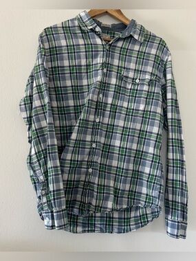 J. Crew Men's Green & Blue Plaid Button-Down Shirt Pocket Casual Large Cotton
